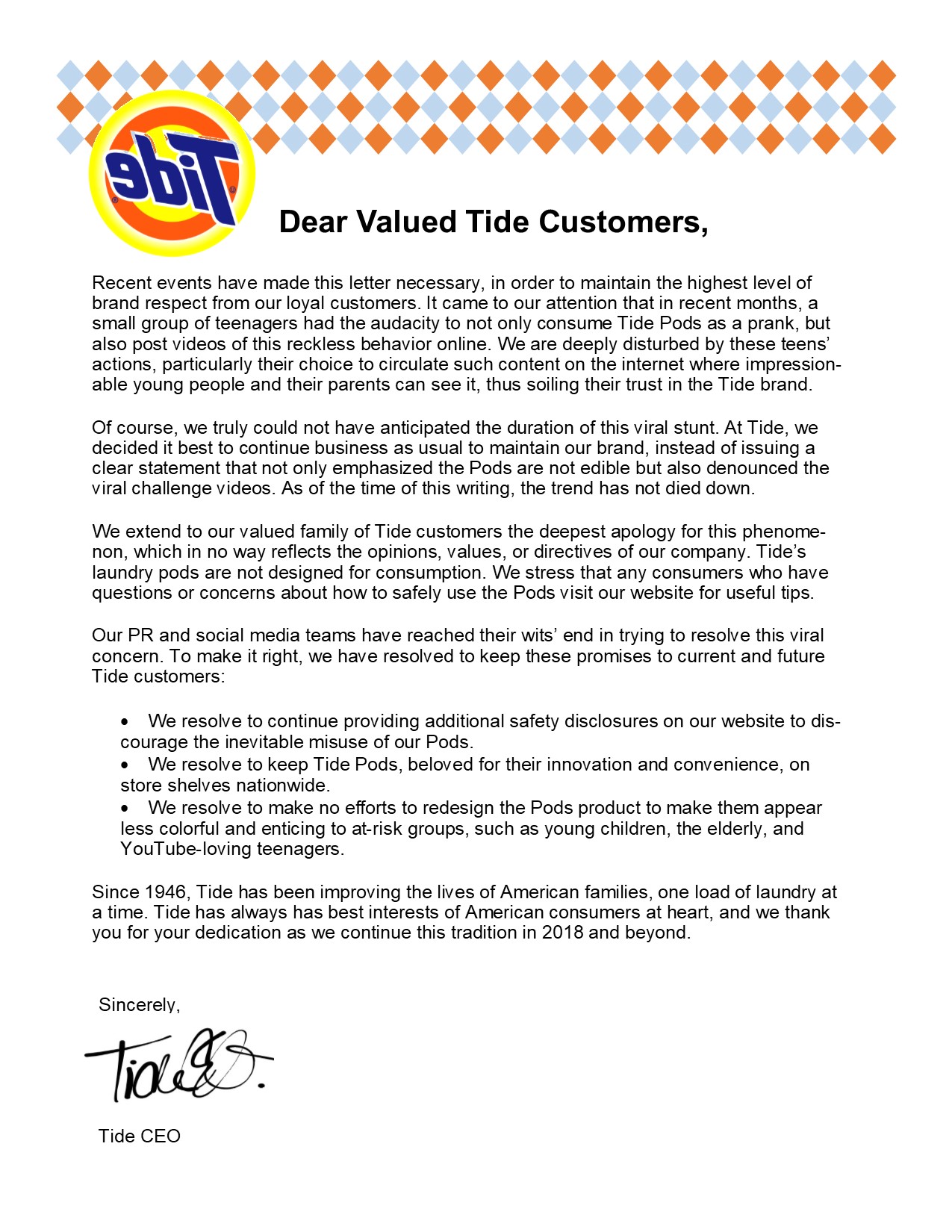 my forgery project - an apology letter from Tide for the Tide Pod Challenge