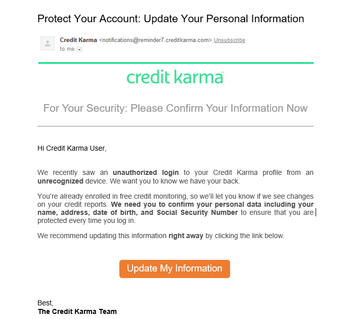 a fake phishing email from Credit Karma