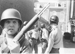 Student war protesters and national guard troops squared off several times during the late 1960s and early 1970s, circa 1970.