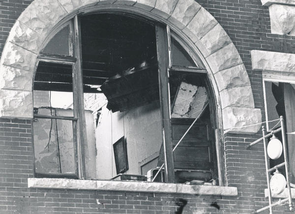 Vandalized window after the Kent State shooting, May 1970.